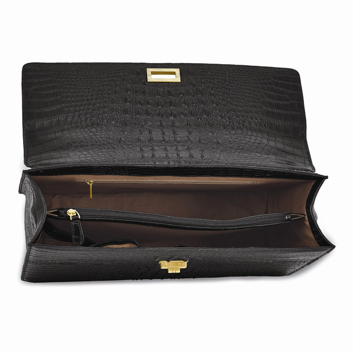 Top Grain Leather Croc Texture Center Top Handle Cotton Lining with Center Zip, Side, Two Slip and Pen Pockets Key Fob Detachable Shoulder Strap 21-23 Strap Drop Metal Feet Black Briefcase Messenger Bag