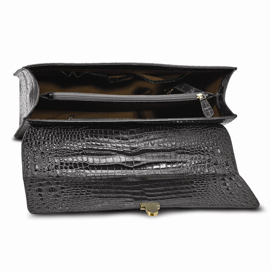 Top Grain Leather Croc Texture Center Top Handle Cotton Lining with Center Zip, Side, Two Slip and Pen Pockets Key Fob Detachable Shoulder Strap 21-23 Strap Drop Metal Feet Black Briefcase Messenger Bag