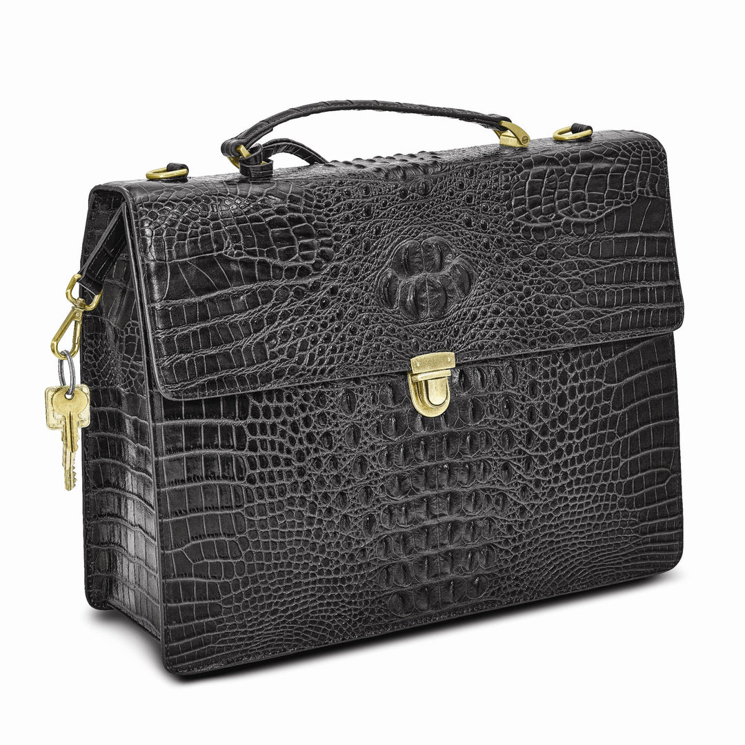 Top Grain Leather Croc Texture Center Top Handle Cotton Lining with Center Zip, Side, Two Slip and Pen Pockets Key Fob Detachable Shoulder Strap 21-23 Strap Drop Metal Feet Black Briefcase Messenger Bag
