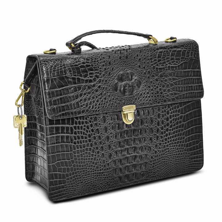 Top Grain Leather Croc Texture Center Top Handle Cotton Lining with Center Zip, Side, Two Slip and Pen Pockets Key Fob Detachable Shoulder Strap 21-23 Strap Drop Metal Feet Black Briefcase Messenger Bag