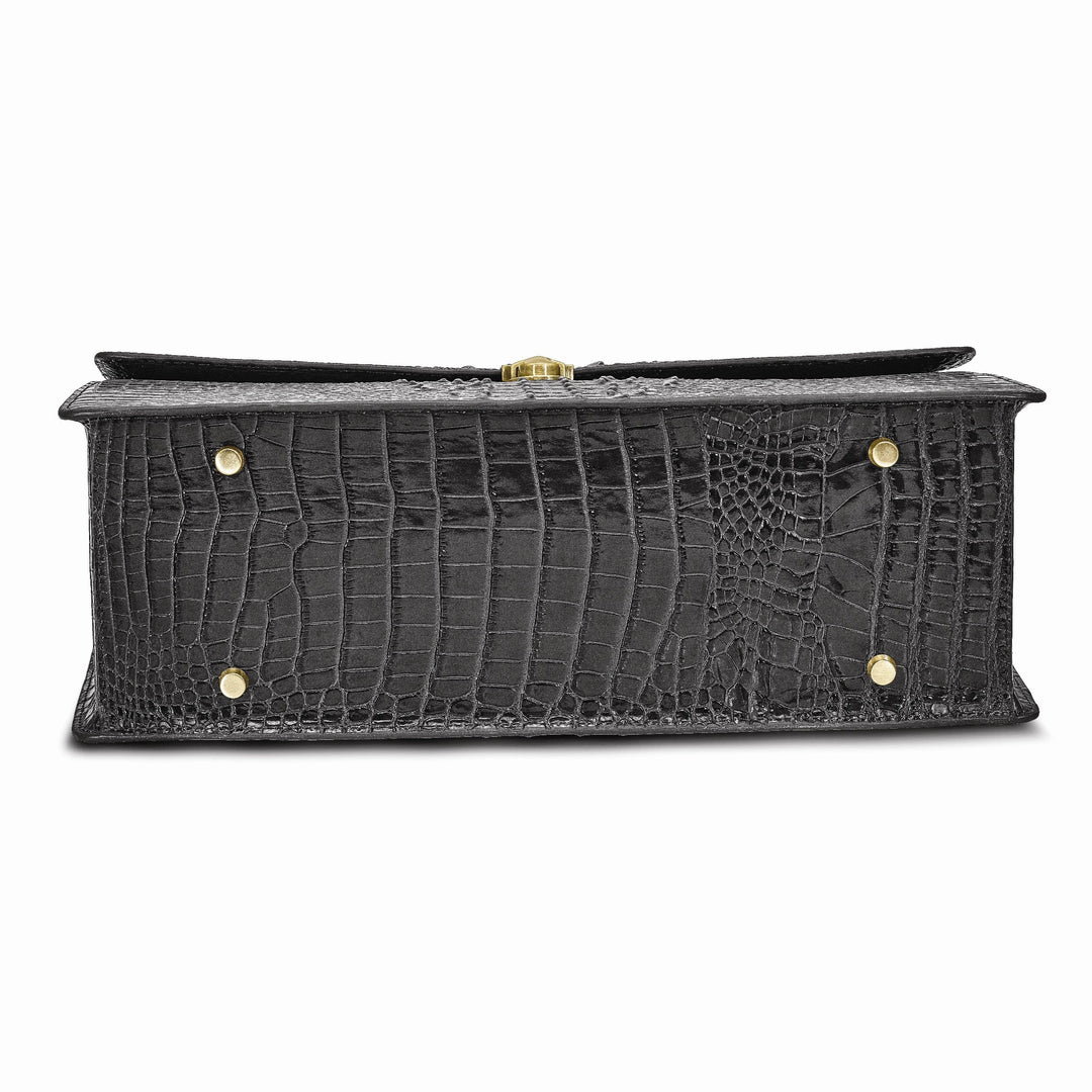 Top Grain Leather Croc Texture Center Top Handle Cotton Lining with Center Zip, Side, Two Slip and Pen Pockets Key Fob Detachable Shoulder Strap 21-23 Strap Drop Metal Feet Black Briefcase Messenger Bag