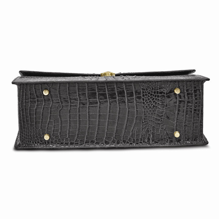 Top Grain Leather Croc Texture Center Top Handle Cotton Lining with Center Zip, Side, Two Slip and Pen Pockets Key Fob Detachable Shoulder Strap 21-23 Strap Drop Metal Feet Black Briefcase Messenger Bag