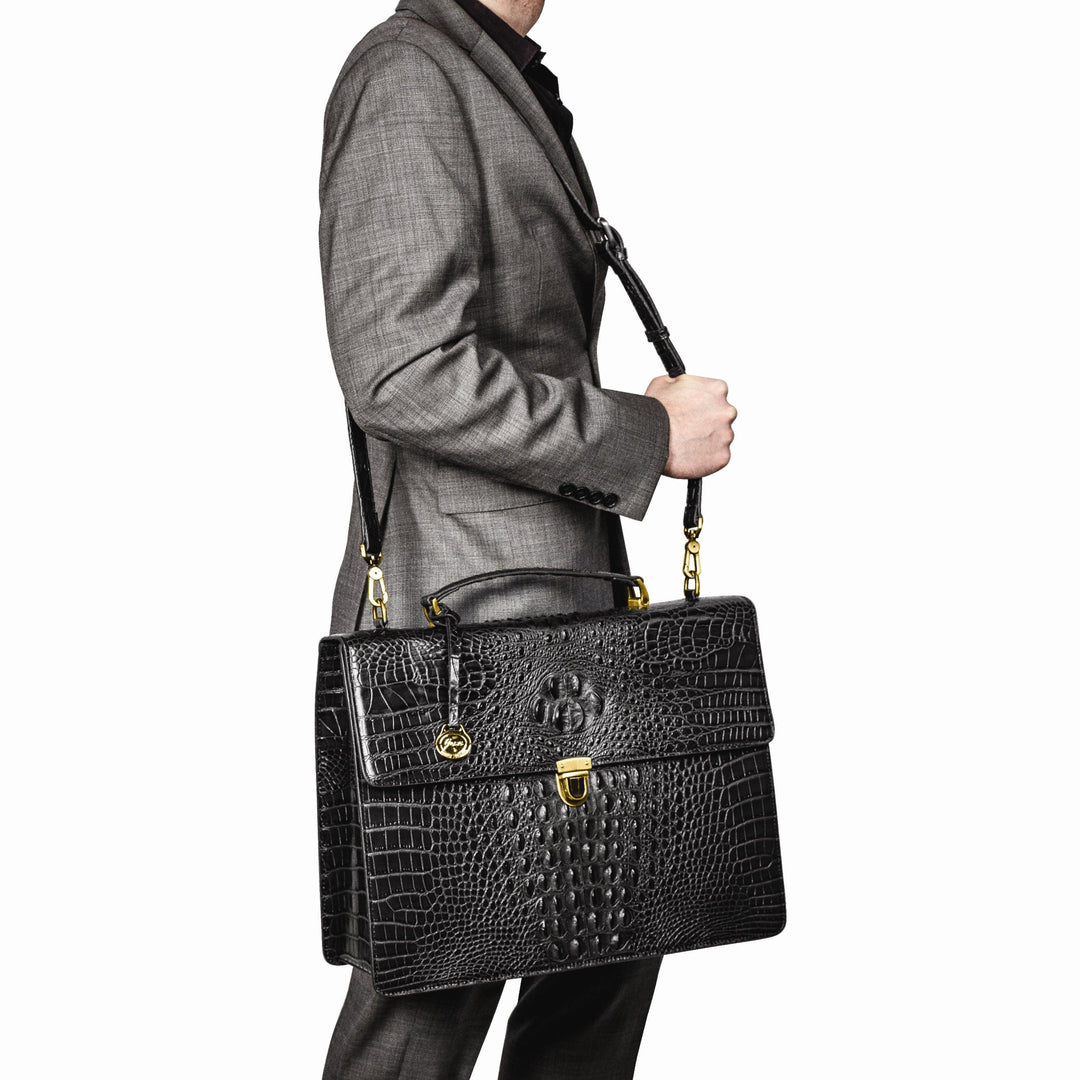 Top Grain Leather Croc Texture Center Top Handle Cotton Lining with Center Zip, Side, Two Slip and Pen Pockets Key Fob Detachable Shoulder Strap 21-23 Strap Drop Metal Feet Black Briefcase Messenger Bag