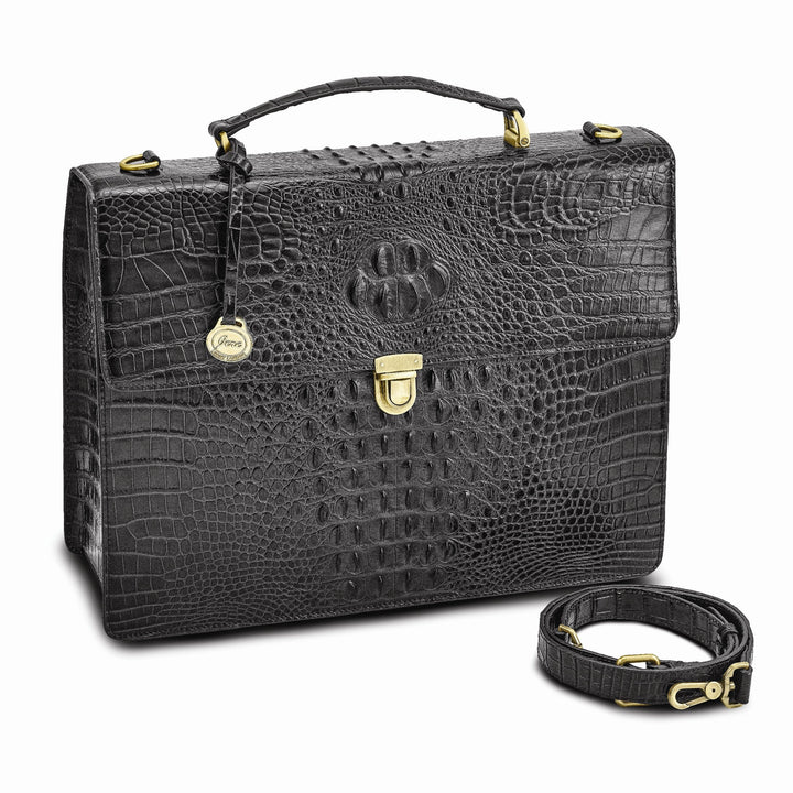 Top Grain Leather Croc Texture Center Top Handle Cotton Lining with Center Zip, Side, Two Slip and Pen Pockets Key Fob Detachable Shoulder Strap 21-23 Strap Drop Metal Feet Black Briefcase Messenger Bag