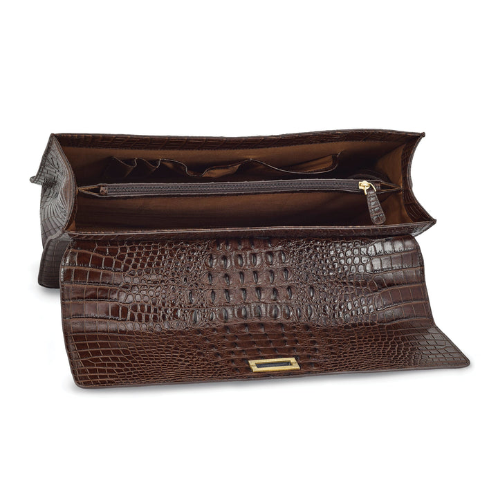 Top Grain Leather Croc Texture Center Top Handle Cotton Lining with Center Zip, Side, Two Slip and Pen Pockets Key Fob Detachable Shoulder Strap 21-23 Strap Drop Metal Feet Brown Briefcase Messenger Bag