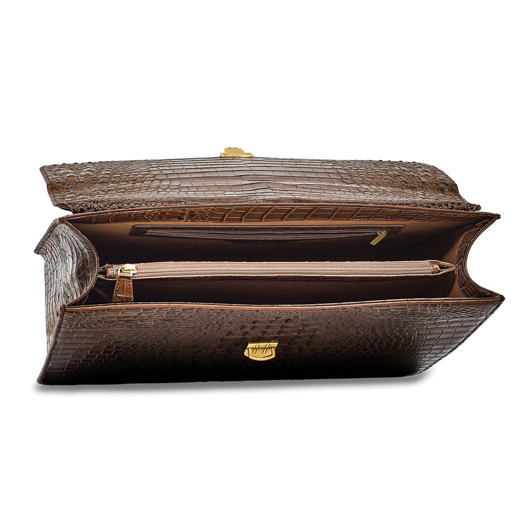 Top Grain Leather Croc Texture Center Top Handle Cotton Lining with Center Zip, Side, Two Slip and Pen Pockets Key Fob Detachable Shoulder Strap 21-23 Strap Drop Metal Feet Brown Briefcase Messenger Bag