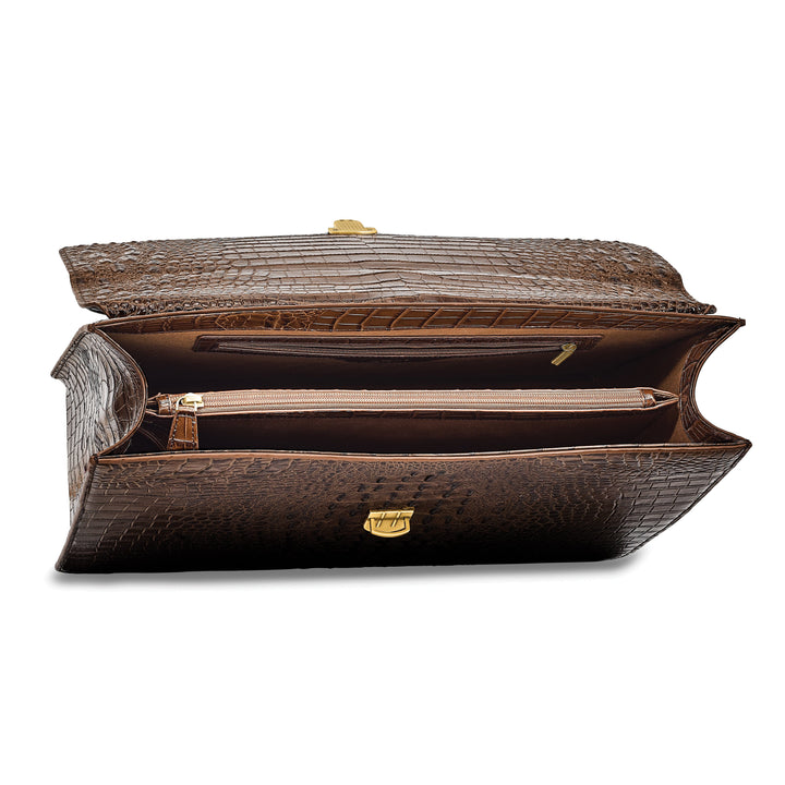 Top Grain Leather Croc Texture Center Top Handle Cotton Lining with Center Zip, Side, Two Slip and Pen Pockets Key Fob Detachable Shoulder Strap 21-23 Strap Drop Metal Feet Brown Briefcase Messenger Bag