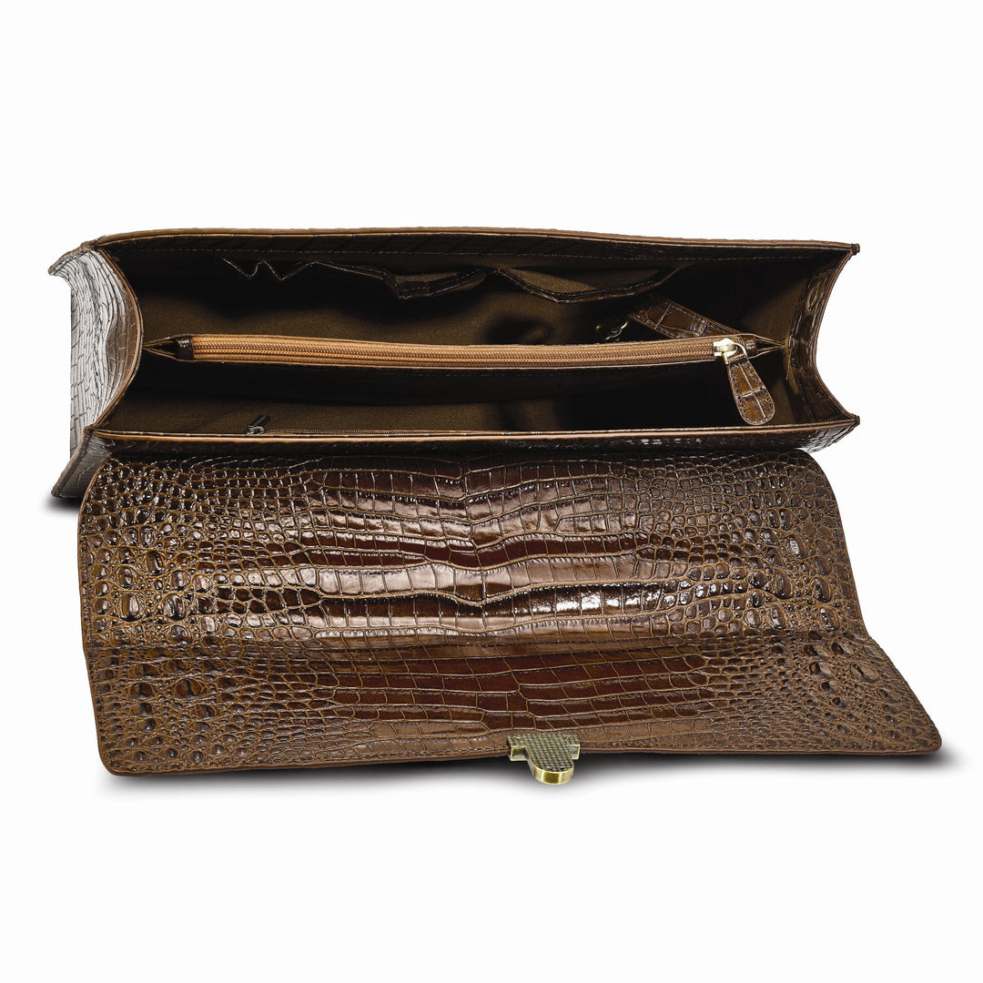 Top Grain Leather Croc Texture Center Top Handle Cotton Lining with Center Zip, Side, Two Slip and Pen Pockets Key Fob Detachable Shoulder Strap 21-23 Strap Drop Metal Feet Brown Briefcase Messenger Bag