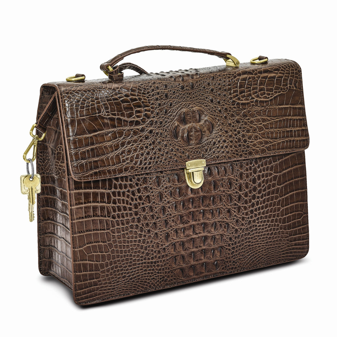 Top Grain Leather Croc Texture Center Top Handle Cotton Lining with Center Zip, Side, Two Slip and Pen Pockets Key Fob Detachable Shoulder Strap 21-23 Strap Drop Metal Feet Brown Briefcase Messenger Bag
