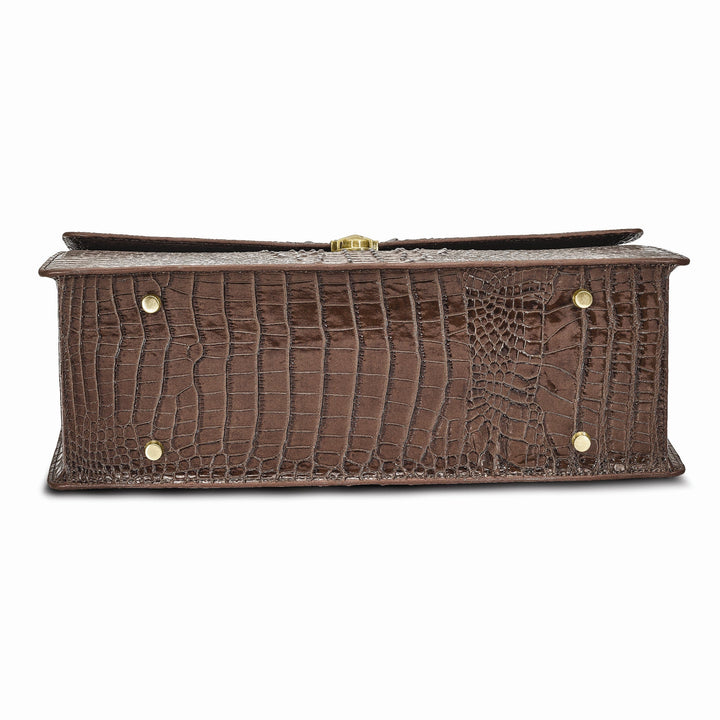 Top Grain Leather Croc Texture Center Top Handle Cotton Lining with Center Zip, Side, Two Slip and Pen Pockets Key Fob Detachable Shoulder Strap 21-23 Strap Drop Metal Feet Brown Briefcase Messenger Bag