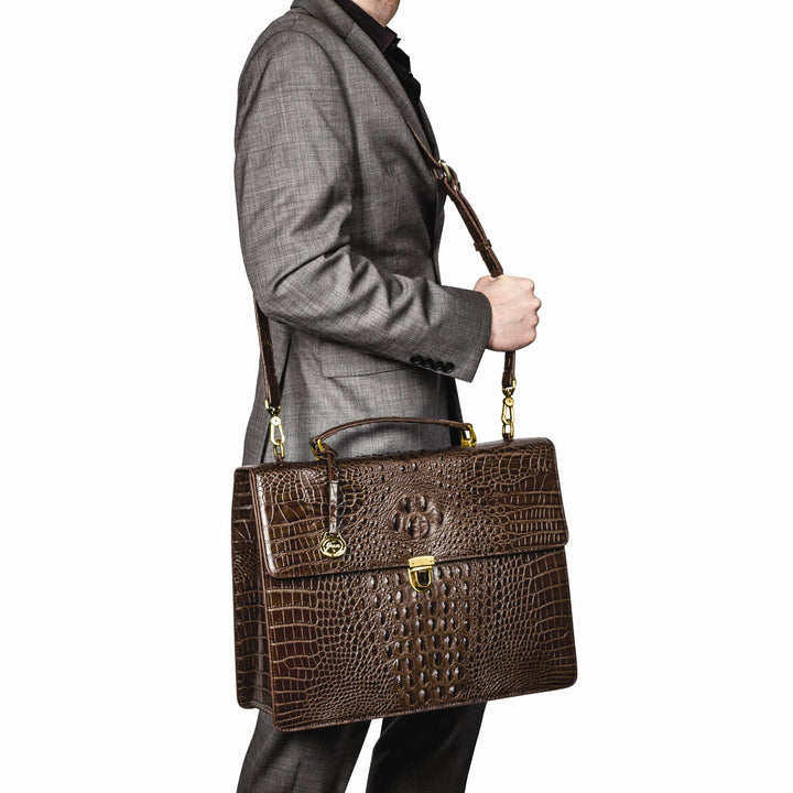 Top Grain Leather Croc Texture Center Top Handle Cotton Lining with Center Zip, Side, Two Slip and Pen Pockets Key Fob Detachable Shoulder Strap 21-23 Strap Drop Metal Feet Brown Briefcase Messenger Bag