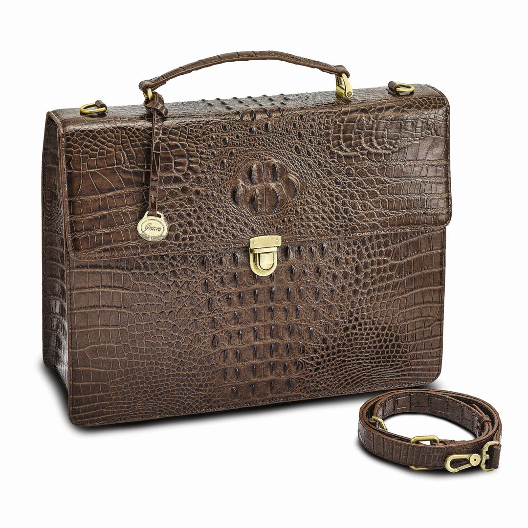 Top Grain Leather Croc Texture Center Top Handle Cotton Lining with Center Zip, Side, Two Slip and Pen Pockets Key Fob Detachable Shoulder Strap 21-23 Strap Drop Metal Feet Brown Briefcase Messenger Bag