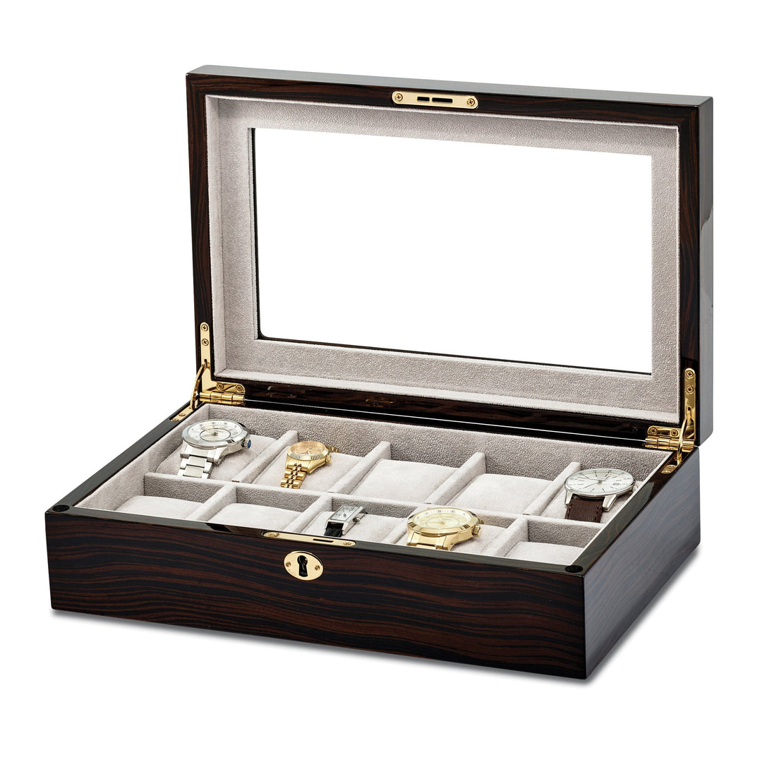 High Gloss Ebony Finish Locking 10-Watch Case