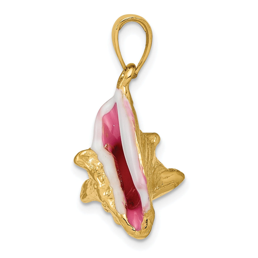 14K Yellow Gold Solid 3-Dimensional Pink and White Enameled Texture Polished Finish Mens Conch Shell Charm Pendant