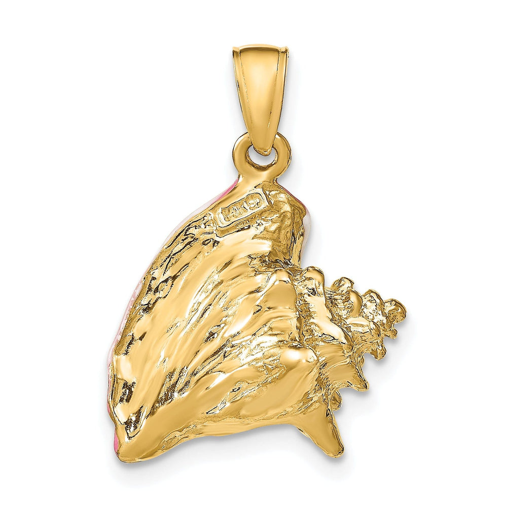 14K Yellow Gold Solid 3-Dimensional Pink and White Enameled Texture Polished Finish Mens Conch Shell Charm Pendant