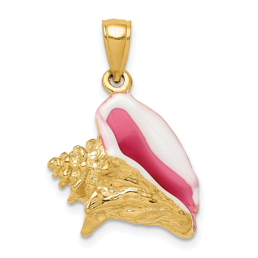 14K Yellow Gold Solid 3-Dimensional Pink and White Enameled Texture Polished Finish Mens Conch Shell Charm Pendant