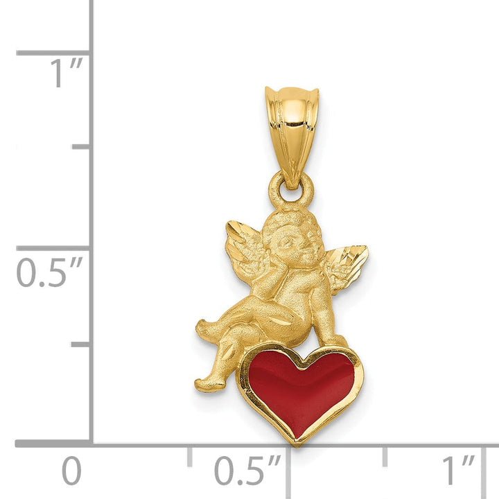 14k Yellow Gold Satin Red Enameled Finish Angel on Heart Pendant