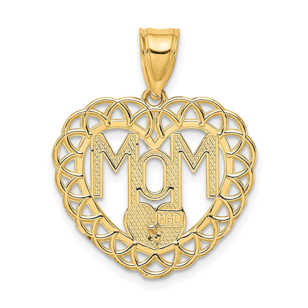 14k Two Tone Gold Solid Polished Textured Finish MOM in Heart Lace Trim Design Frame Charm Pendant