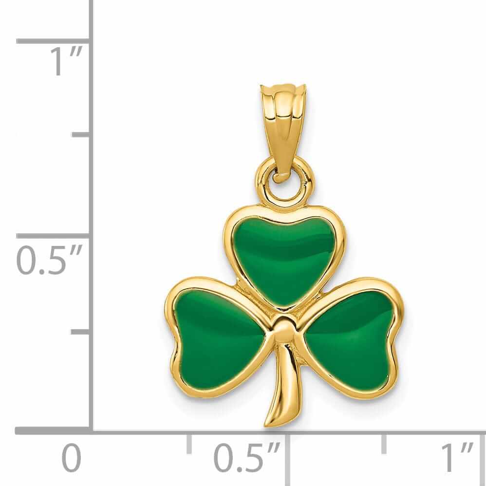 14k Yellow Gold Solid Textured Polished Finish Green Enameled 3 Leaf Clover Charm Pendant