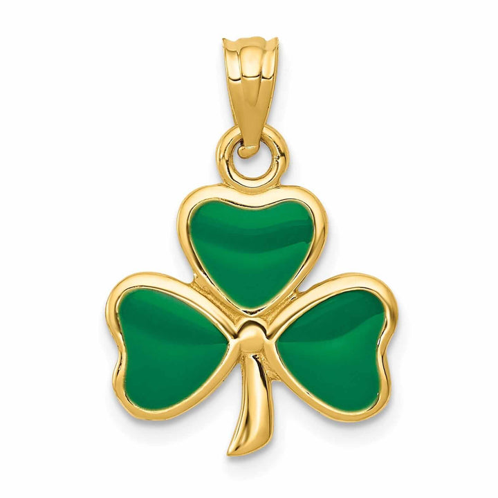 14k Yellow Gold Solid Textured Polished Finish Green Enameled 3 Leaf Clover Charm Pendant