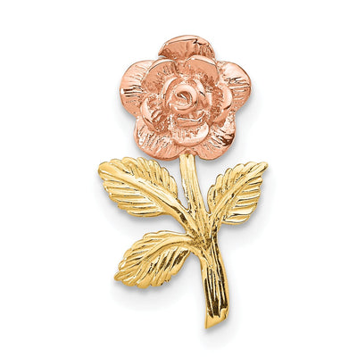 14k Two-tone Gold Solid Casted Open Back Textured Polished Finish Mini Pink Rose Flower Chain Slide. Will Not Fit Omega.