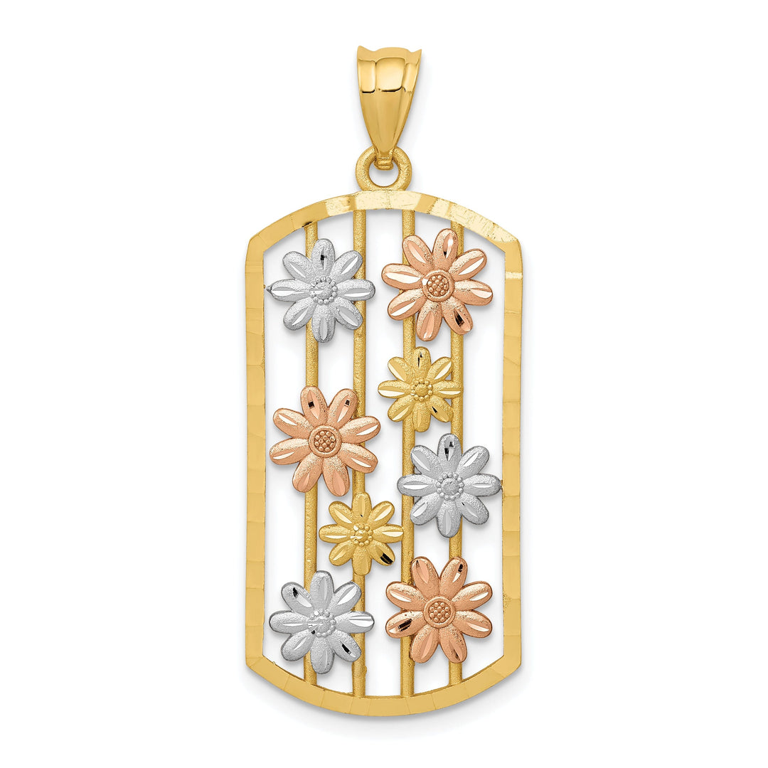 14k Two-tone Gold Solid Casted Textured Back Polished Finish Framed Daisy Charm Pendant