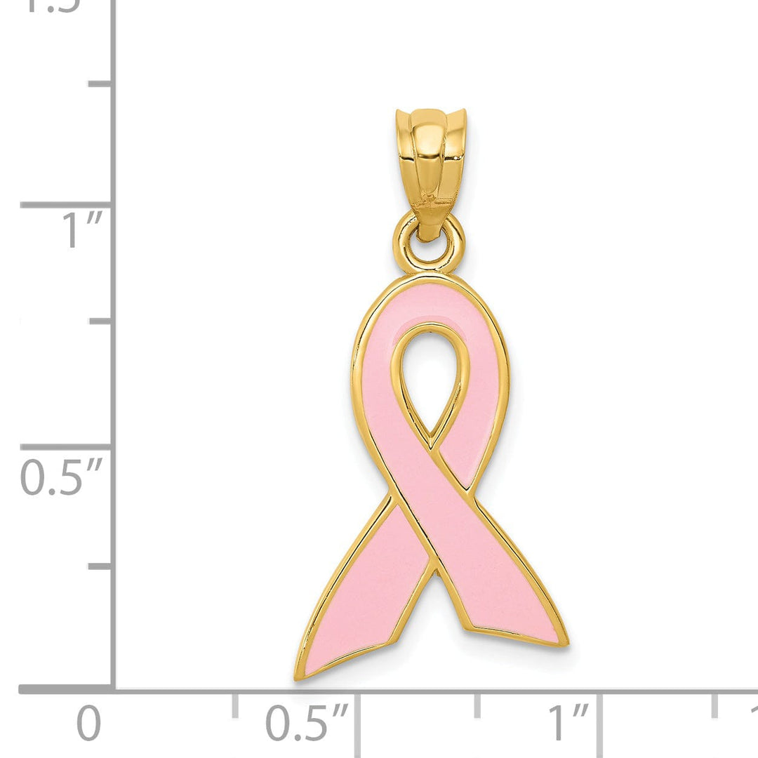 14k Yellow Gold Solid Large Size Polished Textured Pink Enameled Finish Awareness Ribbon Charm Pendant