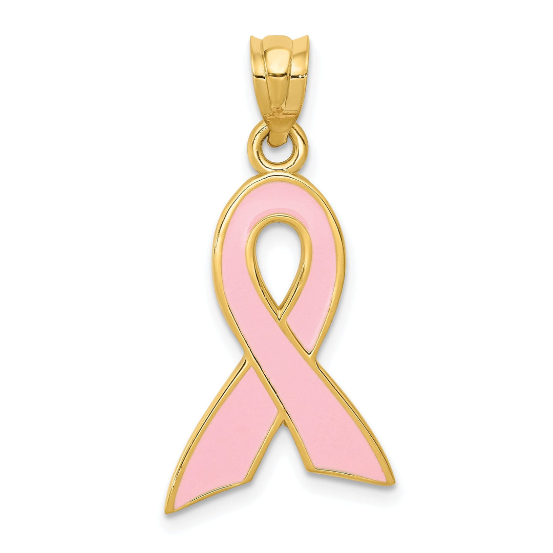 14k Yellow Gold Solid Large Size Polished Textured Pink Enameled Finish Awareness Ribbon Charm Pendant