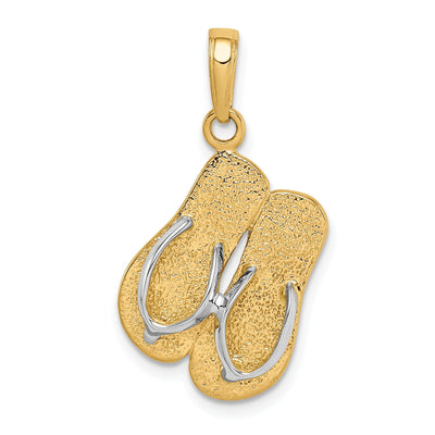 14K Yellow Gold, White Rhodium Solid Texture Finish Large Double Flip-Flop Sandal Charm Pendant