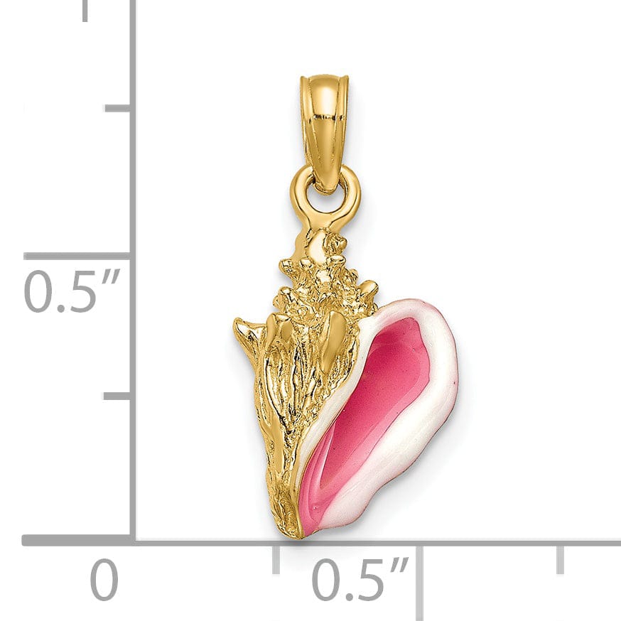 14K Yellow Gold Solid 3-Dimensional Pink White Enameled Texture Polished Finish Mens Conch Shell Charm Pendant