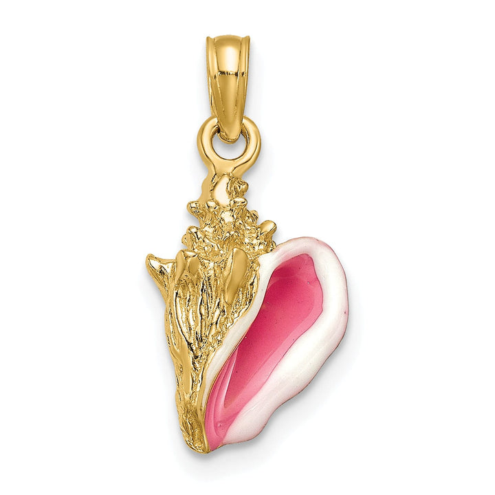 14K Yellow Gold Solid 3-Dimensional Pink White Enameled Texture Polished Finish Mens Conch Shell Charm Pendant