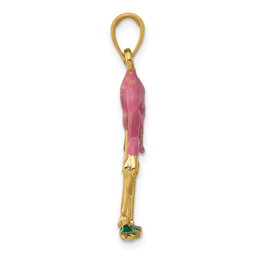 14k Yellow Gold Solid Polished with Pink, Green Enameled Finish 3-Dimensional Flamingo Charm Pendant