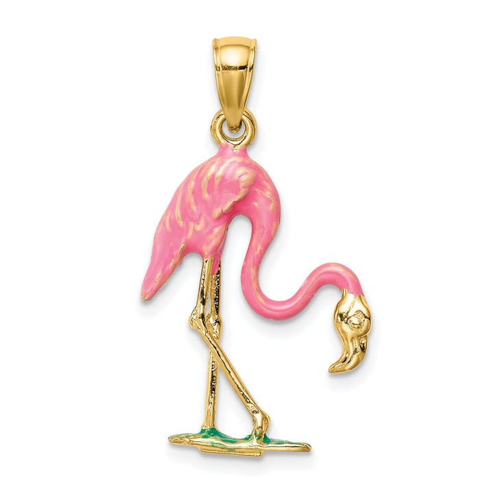 14k Yellow Gold Solid Polished with Pink, Green Enameled Finish 3-Dimensional Flamingo Charm Pendant