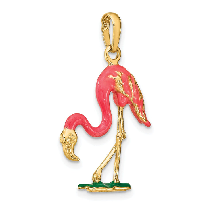 14k Yellow Gold Solid Polished with Pink, Green Enameled Finish 3-Dimensional Flamingo Charm Pendant