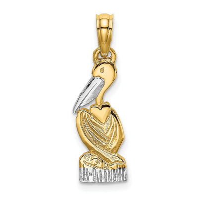 14K Yellow Gold, White Rhodium Texture Polished Finish Pelican Standing on Top Dock Piling Charm Pendant at $ 71.04 only from Jewelryshopping.com