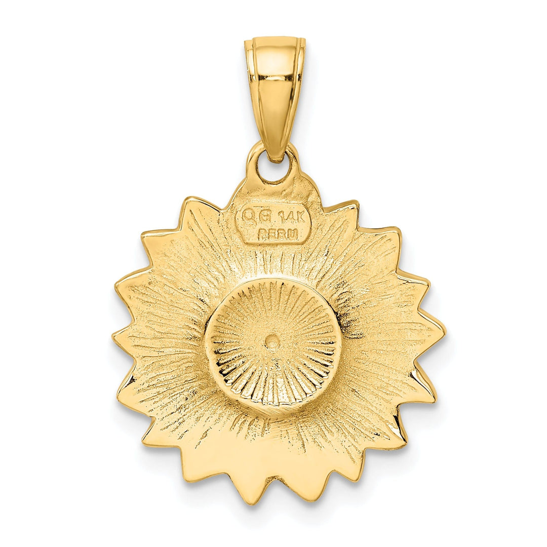 14k Yellow Gold Casted Textured Back Solid Polished Finish Enameled Black and Yellow Sunflower Charm Pendant