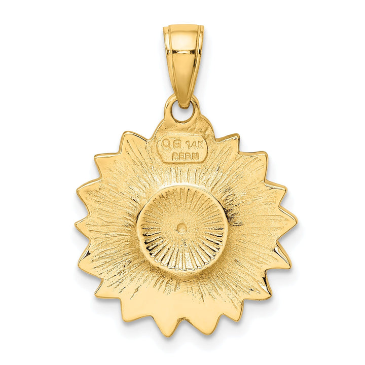 14k Yellow Gold Casted Textured Back Solid Polished Finish Enameled Black and Yellow Sunflower Charm Pendant