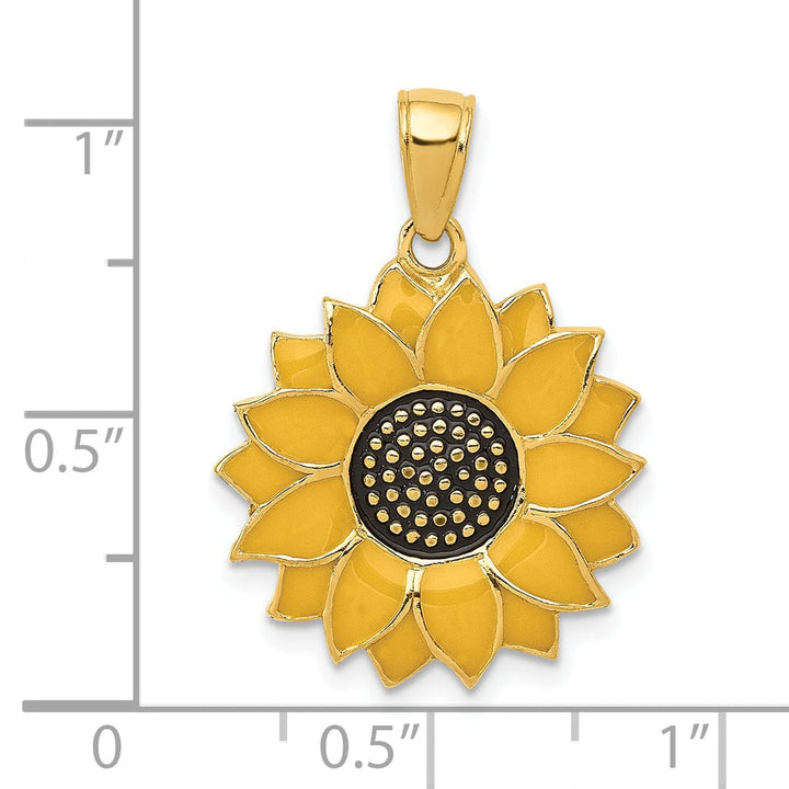 14k Yellow Gold Casted Textured Back Solid Polished Finish Enameled Black and Yellow Sunflower Charm Pendant