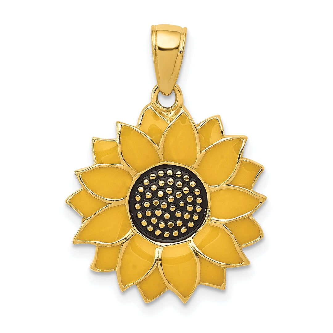 14k Yellow Gold Casted Textured Back Solid Polished Finish Enameled Black and Yellow Sunflower Charm Pendant