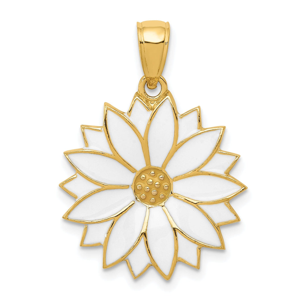 14k Yellow Gold Casted Textured Back Solid Polished Finish Enameled White Daisy Flower Charm Pendant