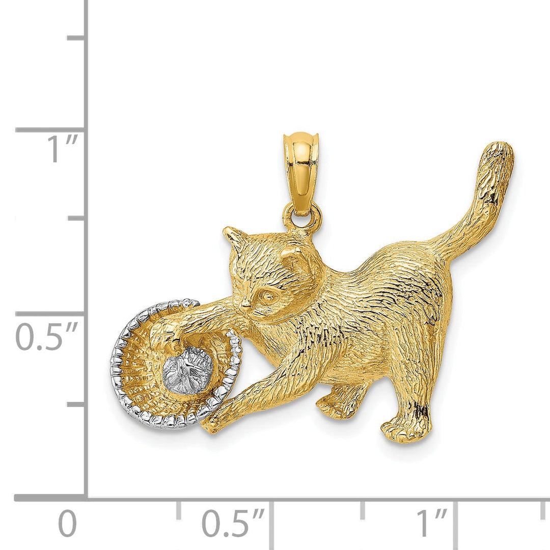 14k Yellow Gold White Rhodium Textured Polished Finish Cat Playing with Yarn in Basket Design Charm Pendant