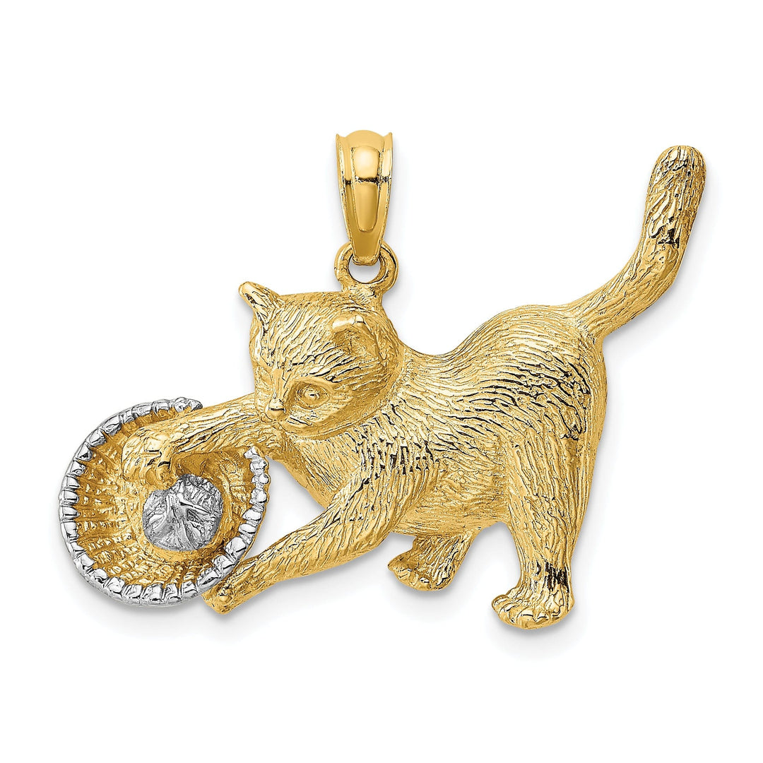 14k Yellow Gold White Rhodium Textured Polished Finish Cat Playing with Yarn in Basket Design Charm Pendant