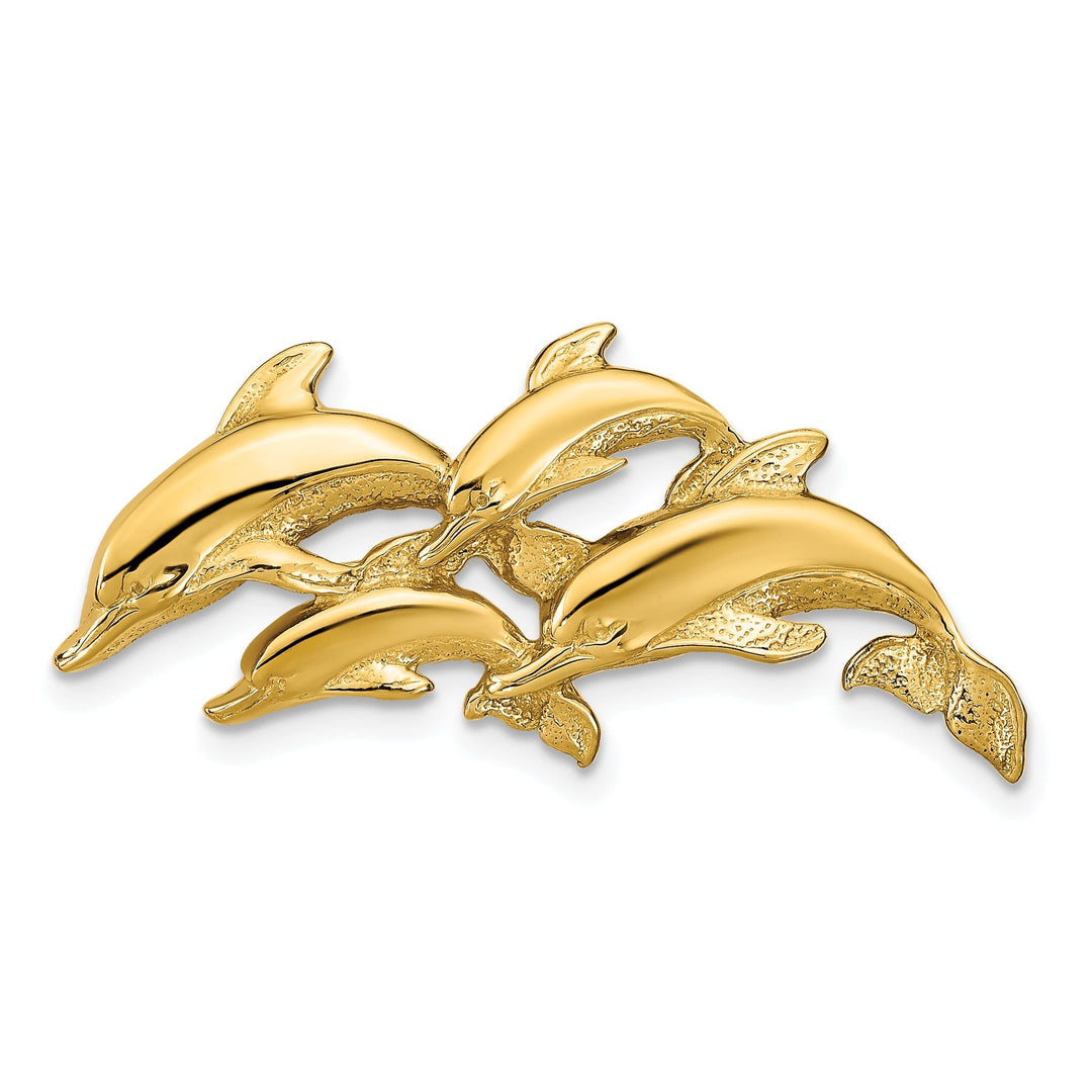 14k Yellow Golod Texture Polished Finish 4- Dolphins Swimming Design Slide Pendant. Fits up to 6mm Omega