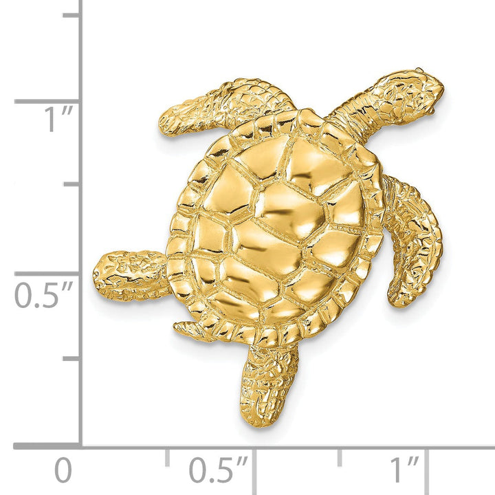 14k Yellow Gold Textured and Polished Finish Solid Sea Turtle Slide. Fits up to 8mm Omega or 10mm Fancy Omega.