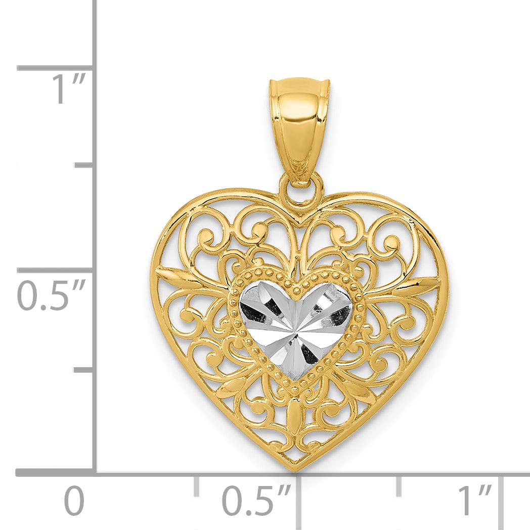 14k Two Tone Gold Filigree Heart Pendant