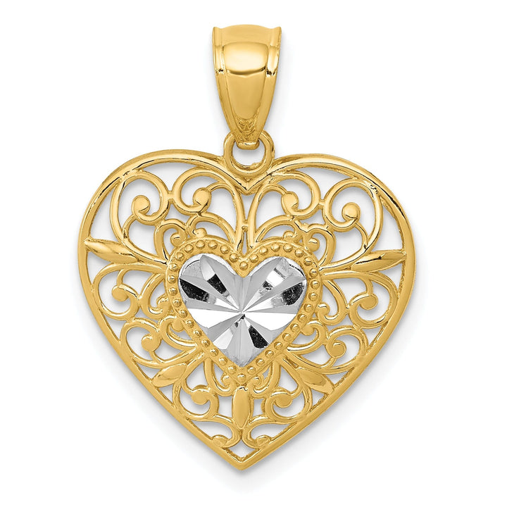 14k Two Tone Gold Filigree Heart Pendant