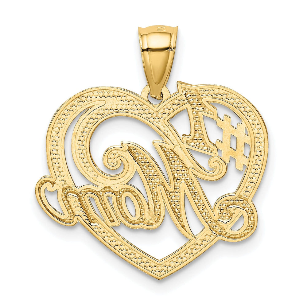 14k Yellow Gold Polished Textured Finish #1 MOM in Heart Design Pendant