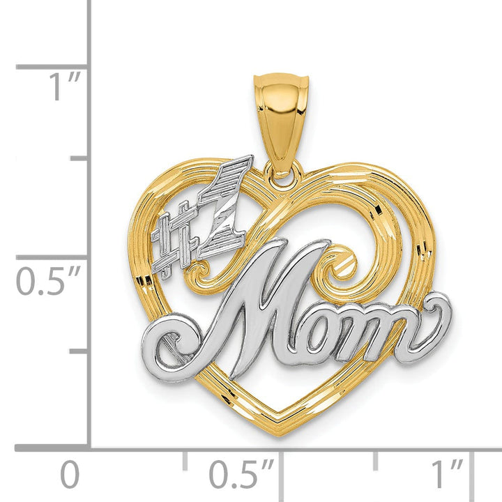 14k Yellow Gold Polished Textured Finish #1 MOM in Heart Design Pendant
