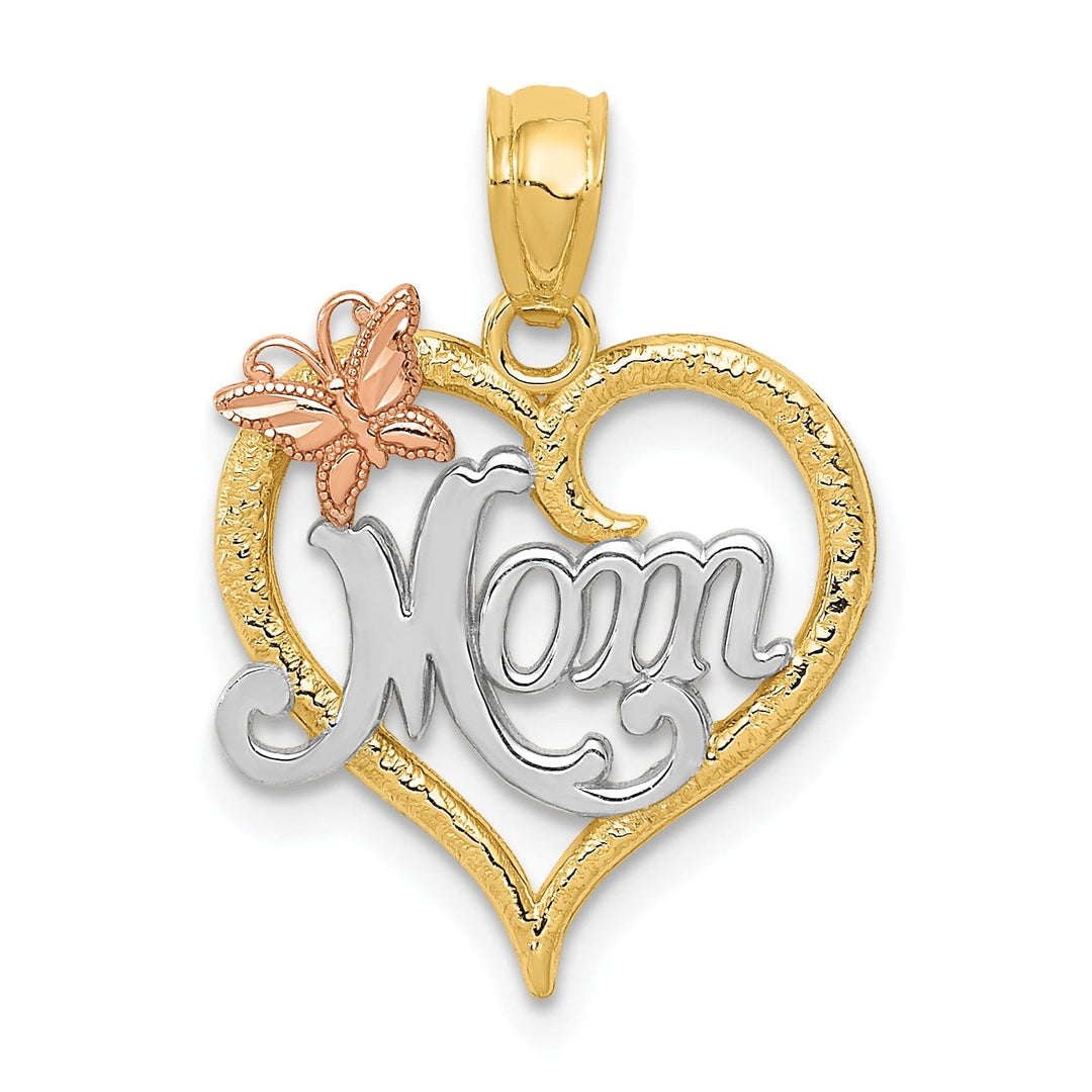 14k Two Tone Gold Solid Polished Finish MOM with Butterfly Design Heart Pendant