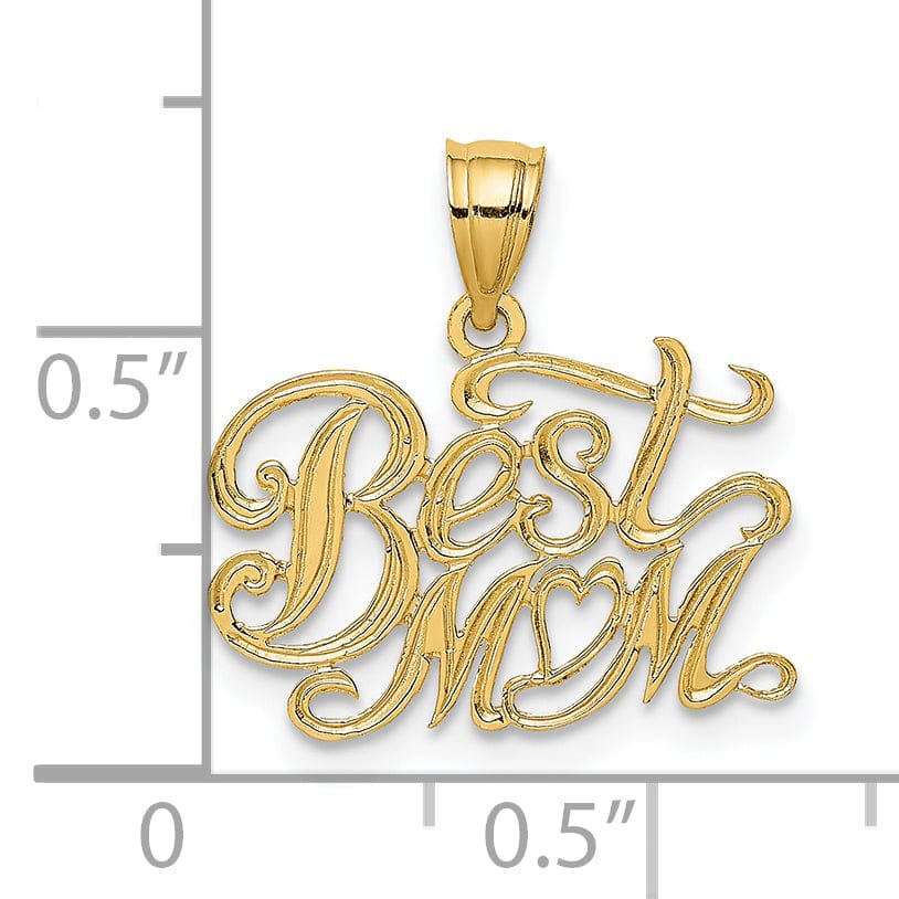 14k Yellow Gold Solid Textured Polished Finish BEST MOM Script Design Charm Pendant